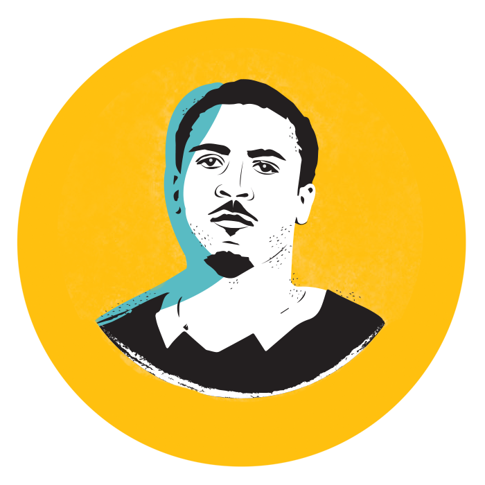 illustrated headshot of a man with short hair, wearing a black shirt